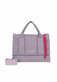 Borsa a tracolla in tela lilla con bordi sfilacciati, tassello rosa per la cerniera, doppio manico e tracolla rimovibile. Presenta il logo "Sunkissed" in oro.