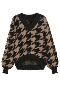 Beżowy i czarny sweter w wzór houndstooth, dziany, z dekoltem w serek, prążkowanymi mankietami i dołem, z chropowatą powierzchnią oraz oversize'owymi rękawami.