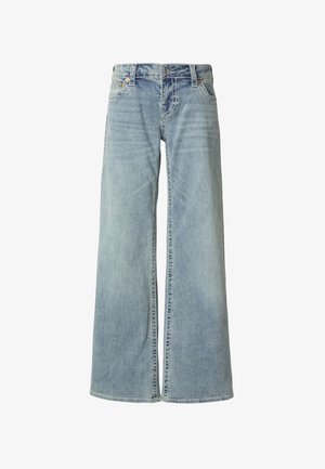 Světle modré džíny s širokými nohavicemi, vyrobené z denimu, s pasem ve střední výšce, designem s pěti kapsami a viditelným prošitím podél švů.