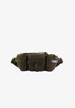 Olive green waist bag made of durable fabric, featuring multiple zippered compartments, adjustable strap, and National Geographic logo.