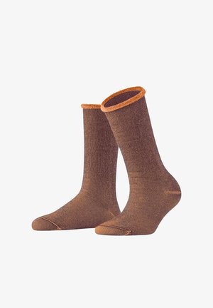 Braune Socken mit strukturierter Oberfläche und orangefarbenen, gerippten Bündchen. Das Design zeichnet sich durch eine klassische Form und nahtlose Zehenkonstruktion aus.