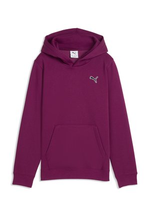 Lilla Puma-hoodie med en forlomme, lange ærmer og et lille hvidt Puma-logo på venstre bryst.