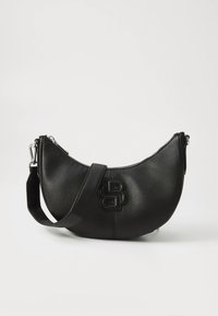 Black leather shoulder bag with a textured finish, crescent shape, adjustable strap, and embossed logo detail on the front.