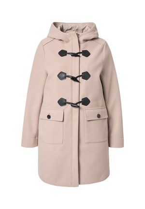 Helle rosa Wollmischung Jacke mit Kapuze, ausgestattet mit schwarzen Toggle-Verschlüssen, zwei aufgesetzten Fronttaschen und einer glatten Textur.