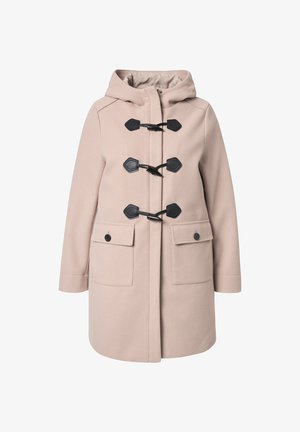 Lichtroze wollen blend jas met een capuchon, met zwarte togglesluitingen, twee voorste opgestikte zakken en een zachte textuur.