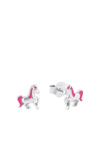 Orecchini a spillo in argento sterling a forma di unicorno con accenti in smalto rosa. Presentano un design di unicorno in posizione eretta, una finitura lucida e un supporto sicuro.
