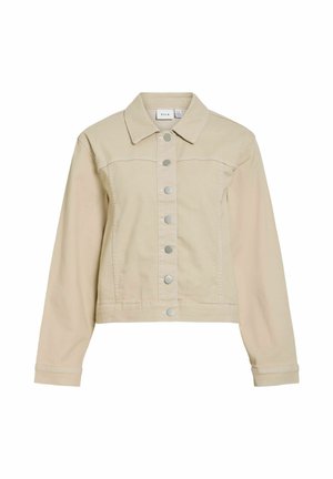Veste beige à boutons, manches longues, col et boutons pression métalliques sur le devant, fabriquée par la marque Vila.