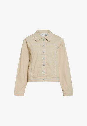 Veste beige à boutons, manches longues, col et boutons pression métalliques sur le devant, fabriquée par la marque Vila.