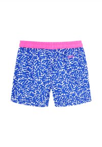 Shorts de bain bleus avec un motif blanc ressemblant à des coraux, ceinture élastique rose et un petit logo rose à l'avant.