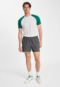 Vit atletisk t-shirt med gröna raglanärmar, tillsammans med mörkgrå shorts med ljusgrön kant. Skorna är off-white sneakers.