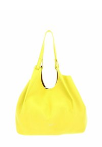 Gelbe Leder-Hobo-Tasche mit strukturierter Oberfläche, großem Öffnungsbereich, zwei flachen Trägern und subtiler Hardware-Akzentuierung auf der Vorderseite.