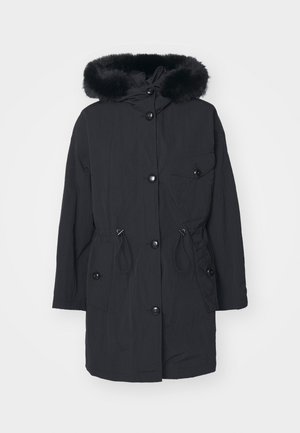Black parka with faux fur hood, featuring a front zipper, snap buttons, drawstring waist, and side pockets. Smooth, lightweight fabric.