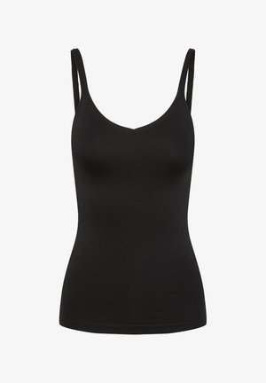 Zwarte tanktop met een V-hals, gemaakt van soepel materiaal. Beschikt over dunne schouderbanden en een aansluitende pasvorm. Eenvoudig en klassiek ontwerp.