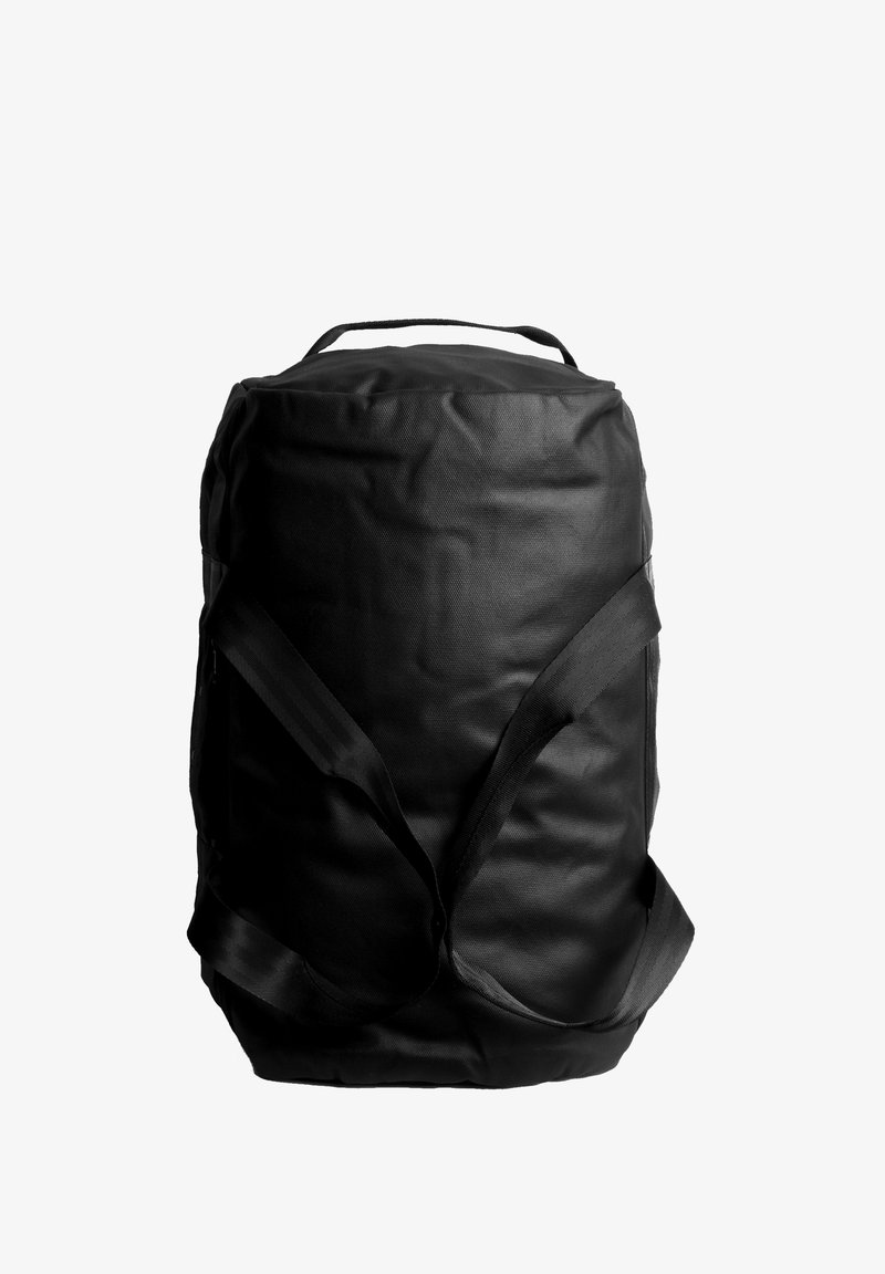 Schwarzer Rucksack aus strapazierfähigem Material, mit runder Form, zwei Schulterriemen und einem oberen Tragegriff. Glatte Textur.