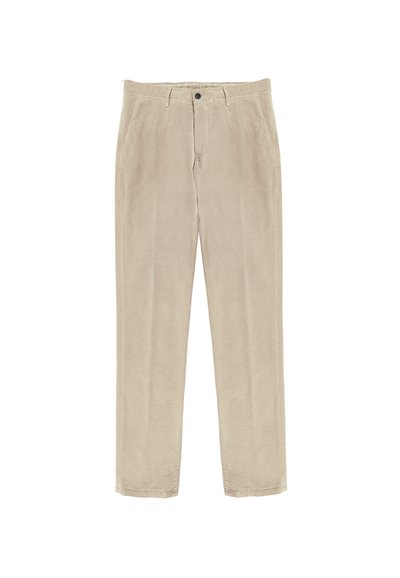 Beige corduroy broek met een gestructureerd oppervlak, rechte pijpen, voorzakken en een enkele knoopsluiting bij de taille.