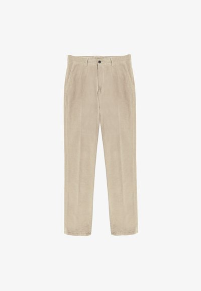 Beige corduroy broek met een gestructureerd oppervlak, rechte pijpen, voorzakken en een enkele knoopsluiting bij de taille.