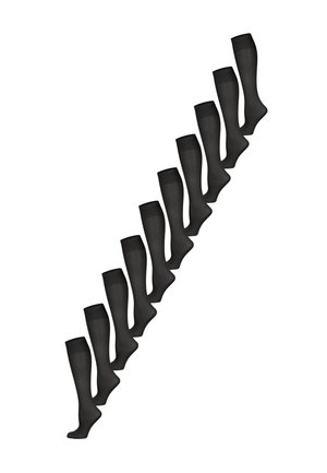 Dieci paia di calze nere trasparenti fino al ginocchio disposte diagonalmente su uno sfondo bianco.