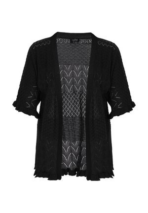 Cardigan nero aperto davanti realizzato in un tessuto a maglia testurizzato. Presenta maniche corte con orli ondulati e un design molto decorato.