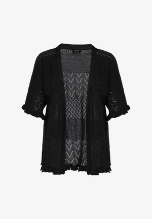 Cardigan negro de frente abierto, hecho de tejido de punto texturizado. Presenta mangas cortas con dobladillos ondulados y un diseño con patrones en todo el tejido.