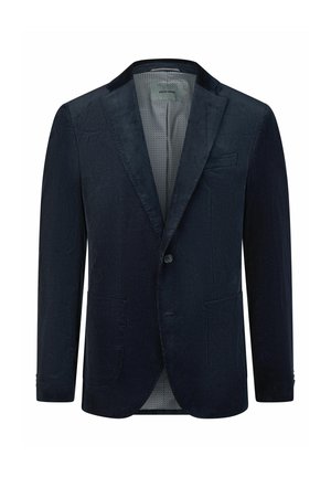 Marineblauw herensblazer met enkele knoop, inkeping revers, twee voorzakken met klep en een patroon binnenvoering.