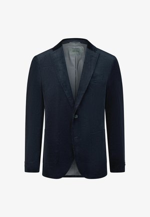 Marineblauer Herrenblazer mit einem Knopf, Kentkragen, zwei aufgesetzten Fronttaschen und gemustertem Innenfutter.