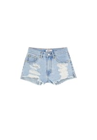 Shorts en denim de couleur bleu clair avec des détails déchirés, un ourlet effiloché et deux poches avant. Comprend une fermeture à bouton et à zip.