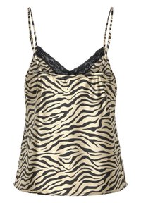 Satin cami in een gouden tint met zwarte tijgerstrepen, voorzien van verstelbare dunne banden en een zwarte kantafwerking langs de halslijn.