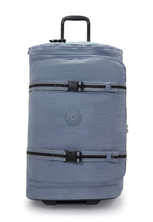 Blue wheeled duffle bag with a textured finish, featuring two black and gray straps, double zipper, and a circular logo on the front.
