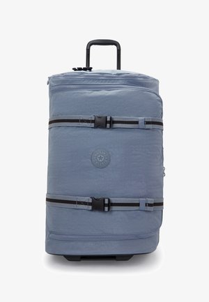 Blå hjulduffeltaske med struktureret overflade, som har to sorte og grå remme, dobbelt lynlås og et cirkulært logo foran.