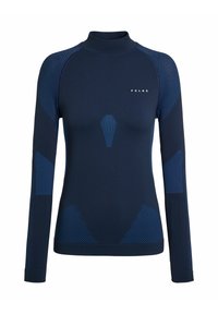 Maglia termica blu navy a maniche lunghe con collo alto, caratterizzata da pannelli testurizzati blu a contrasto e un design aderente. Logo visibile sul petto.