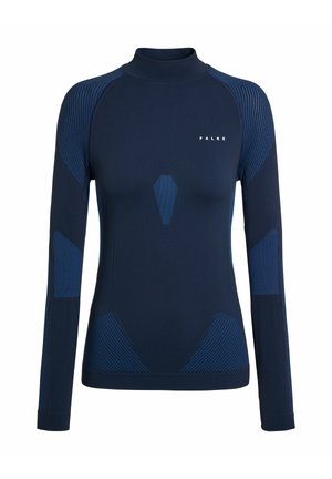 Marineblauw thermisch shirt met lange mouwen en een hoge hals, met contrasterende blauwe, gestructureerde panelen en een aangesloten pasvorm. Logo zichtbaar op de borst.