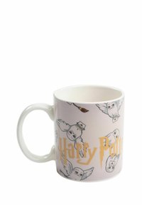 Tazza in ceramica bianca con gufi illustrati e "Harry Potter" in testo dorato. Superficie liscia, manico arrotondato e un ampio interno.