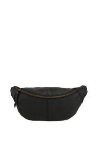 Sac banane en cuir noir avec une fermeture éclair dorée incurvée à l'avant et une sangle réglable de chaque côté.