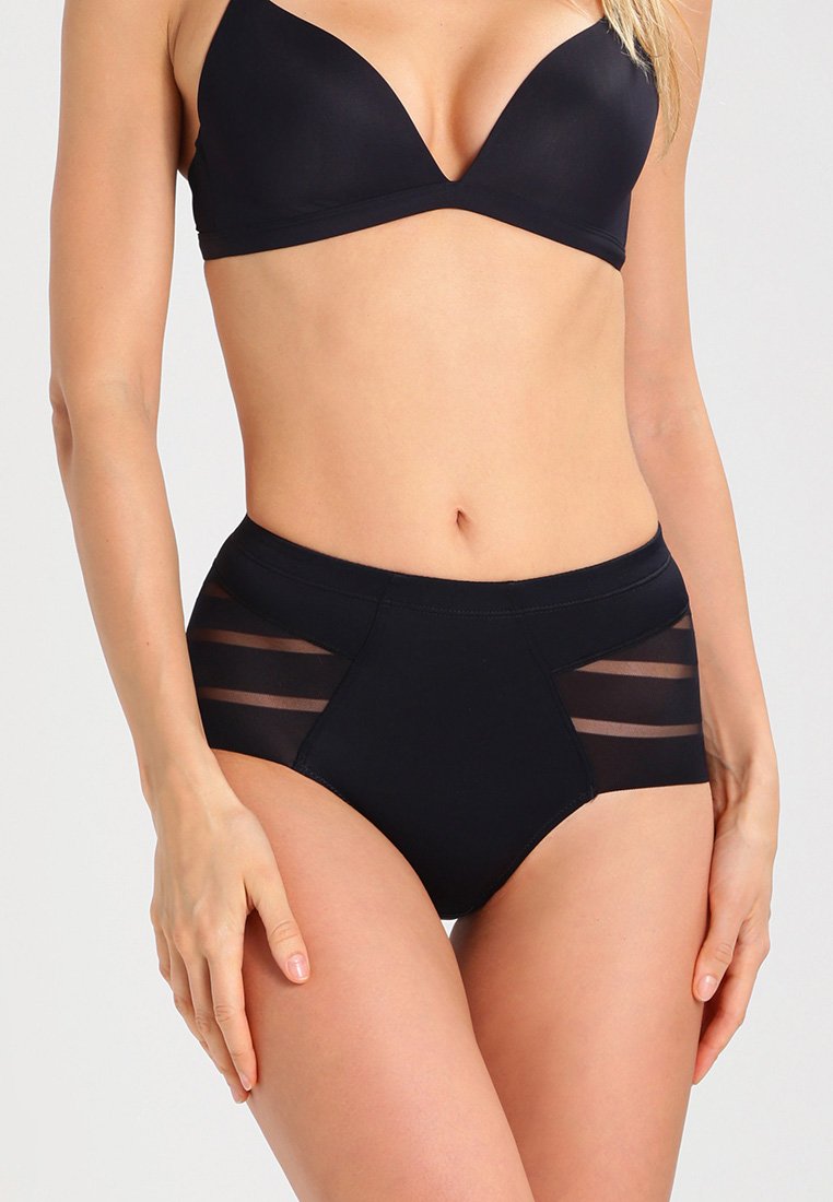 High-waisted black bikini bottom featuring mesh panel accents and a smooth texture, designed for comfort and a secure fit.