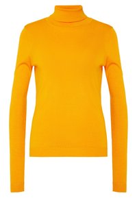 Jasnopomarańczowy sweter z golfem i długimi rękawami, wykonany z miękkiej, elastycznej tkaniny. Posiada dopasowany, ribbowany kołnierz i gładką strukturę.