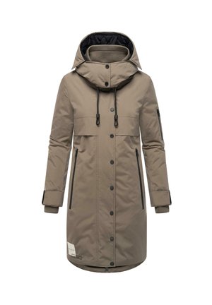 Long beige parka with a high collar, detachable hood, black accents, front pockets, and button closures. Features ribbed cuffs and textured lining.