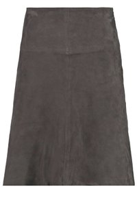 Jupe A-line en velours gris avec une texture lisse, taille haute et couture centrale. Design simple sans matériel ou embellissements visibles.
