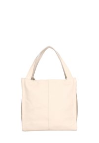 Sac fourre-tout en cuir couleur crème avec une surface texturée, deux poignées courtes et un design minimaliste. Présente des détails de couture verticaux.