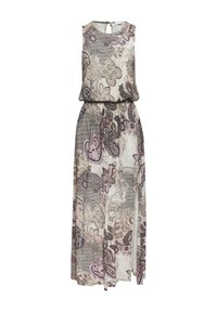 Maxi šaty z lehkého materiálu, s květinovým a paisley vzorem v béžové, růžové a šedé barvě. Bezramínkový design s detaily ve tvaru klíčové díry na zádech.