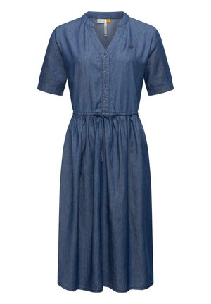 Niebieska sukienka midi z denimu, z krótkimi rękawami, dekoltem w serek, zapinana z przodu na guziki, z paskiem wiązanym w talii.