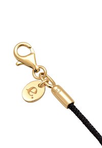 Guldfarvet lås med et sort flettet reb. Har en rund, indgraveret charm med et logo og et metalskilt, der viser indholdet af sølv.