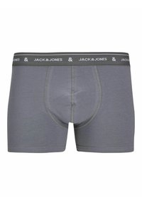 Graue Baumwoll-Boxershorts mit angepasst Design, ausgestattet mit einem bequemen elastischen Bund, der in weißen Buchstaben mit "JACK & JONES" versehen ist.