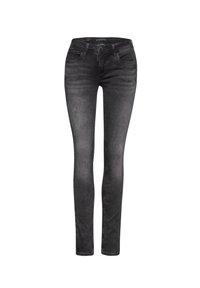 Svarta högmidjade skinny jeans med en blekt struktur, femfickorsdesign och bältesöglor, tillverkade av denimtyg.