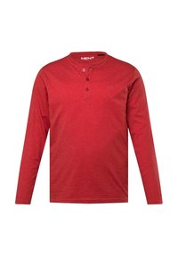 Maglietta henley rossa a maniche lunghe realizzata in cotone morbido, con placca di bottoni e un logo discreto sul petto. Tessuto dalla texture liscia.