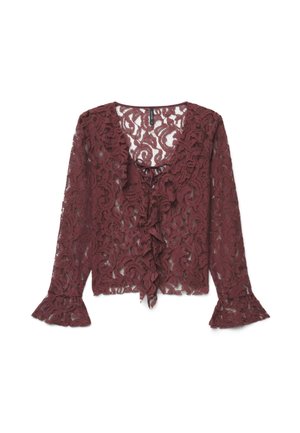 Blouse en dentelle bordeaux à manches longues avec des détails à volants sur le devant et aux poignets, et une fermeture par lien au niveau de l'encolure.