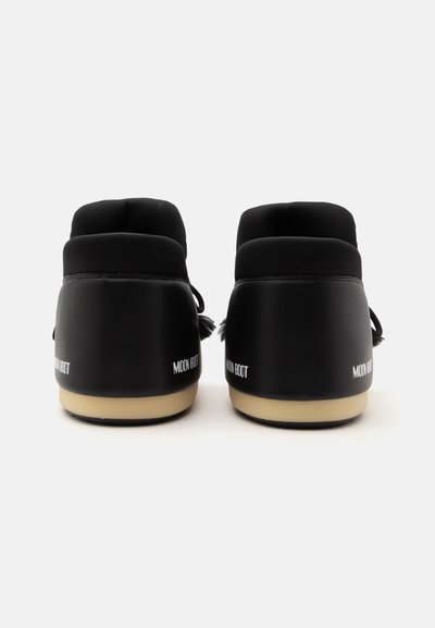 Paire de chaussures Moon Boot en caoutchouc noir avec semelles beige, vues de dos sur fond blanc.