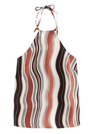 Sleeveless halter top with vertical wavy stripes in brown, rust, beige, and white, featuring a tied neck strap with wooden bead accents.