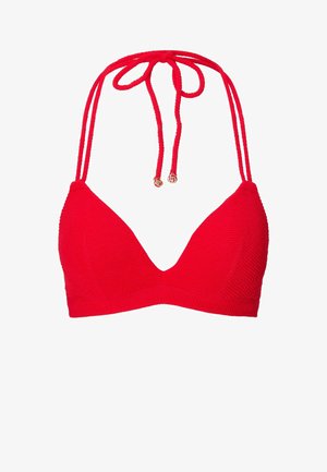 Červený trojuholníkový bikiny top s textúrovanou pleteninou. Obsahuje nastaviteľné ramienka viazané okolo krku a malé zlaté kovové detaily.