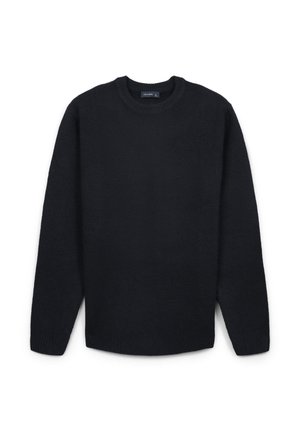 Maglione nero a maglia con collo rotondo, maniche lunghe e bordi a costine. Texture morbida e colore uniforme, senza motivi visibili o decorazioni.