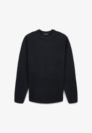 Maglione nero a maglia con collo rotondo, maniche lunghe e bordi a costine. Texture morbida e colore uniforme, senza motivi visibili o decorazioni.